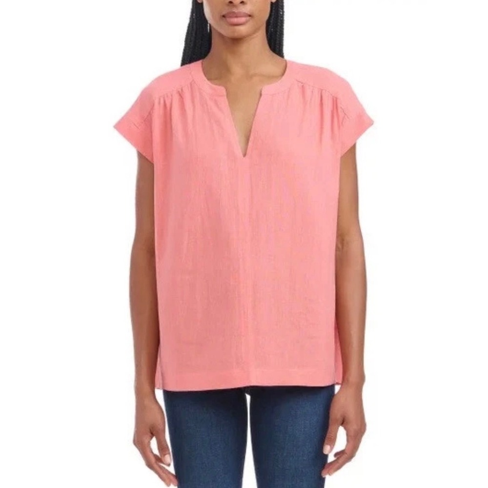 Splendid Womens Coral Pink Linen Blend‎ Cap Sleeve Split V-Neck Blouse Size M